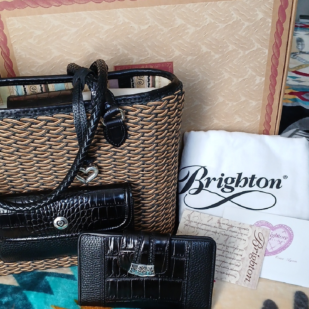 Brighton Tan and Black Woven Tote Set